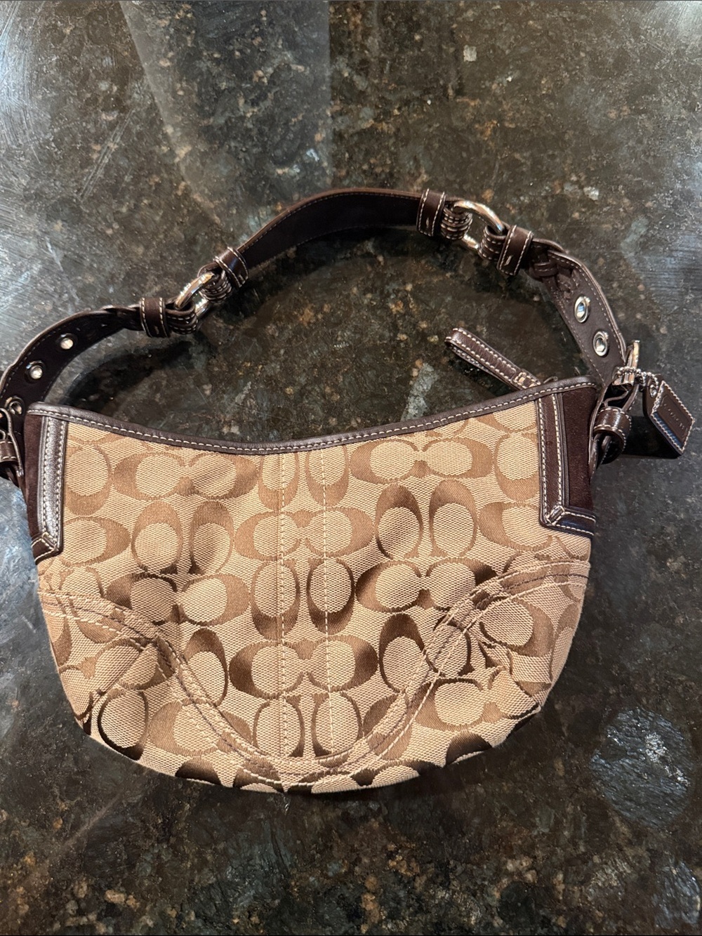 Y2K Coach Tan and Brown Signature Crescent Shoulder Bag